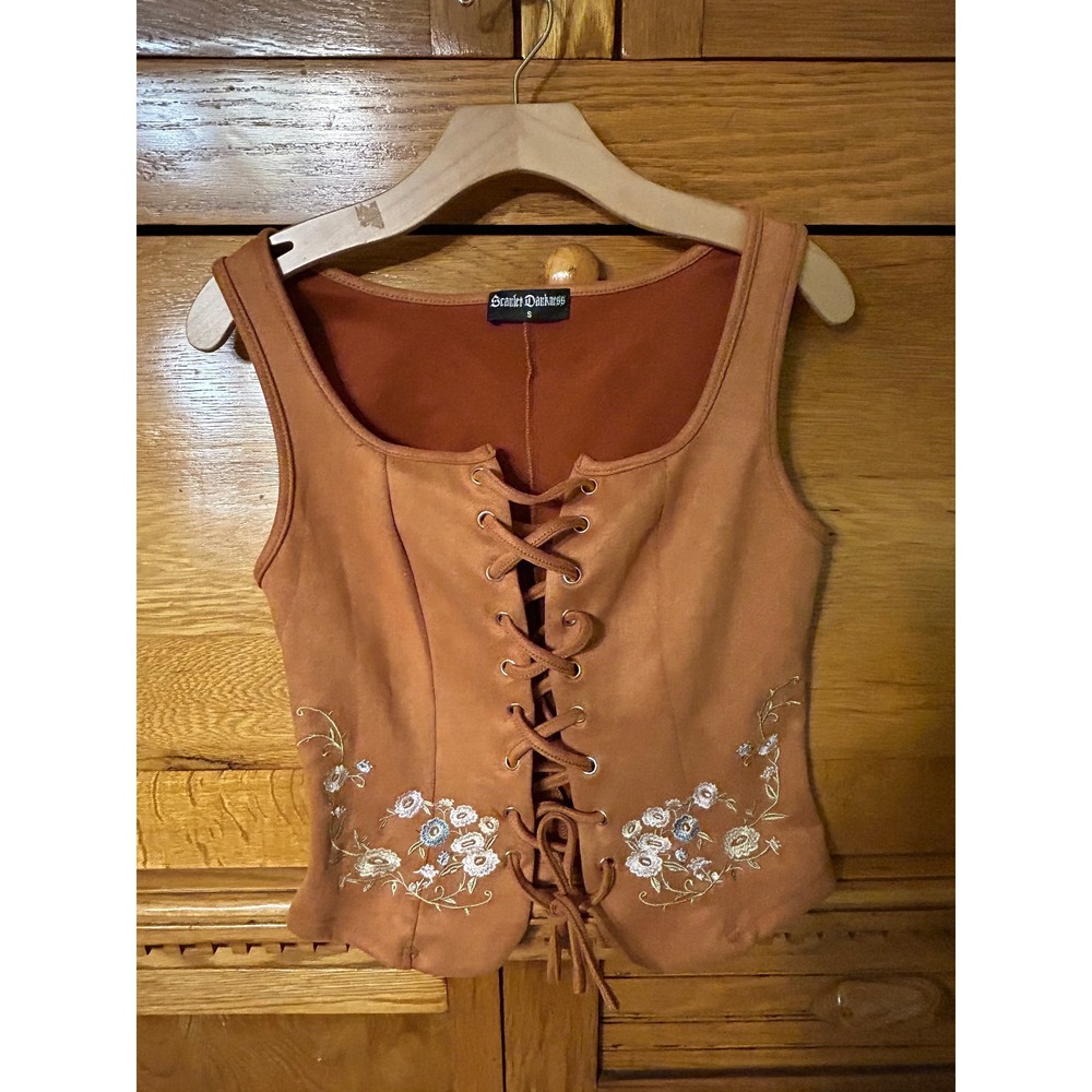 Renaissance Festival Boho Faux Suede Lace Up Embroidered Corset Top Vest Tan S